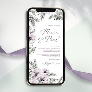 Digitale Hochzeitseinladung Einladung zum versenden per WhatsApp - Personalisierte online Hochzeitseinladung Winter Tannenzweige Anemonen
