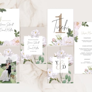 Hochzeitspapeterie Einladungskarte Save the Date Menükarte Tischnummer Namensschild Anhänger Vintage Rose