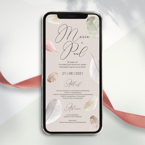 Digitale Hochzeitseinladung Einladungskarte Karte zum versenden per WhatsApp - Personalisierte online Hochzeitseinladung Boho Blätter