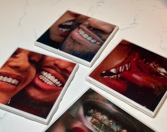 Couple Grillz | Drink Coasters | Set of 4 | Aesthetic Home Decor | Gift | House Warming | Table Decor | Square Coasters