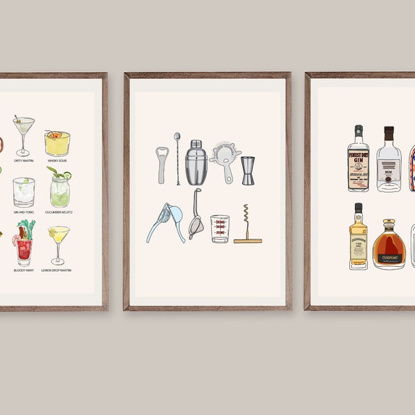 Colorful Minimalistic Bar Cart Art | Set of 3 Prints