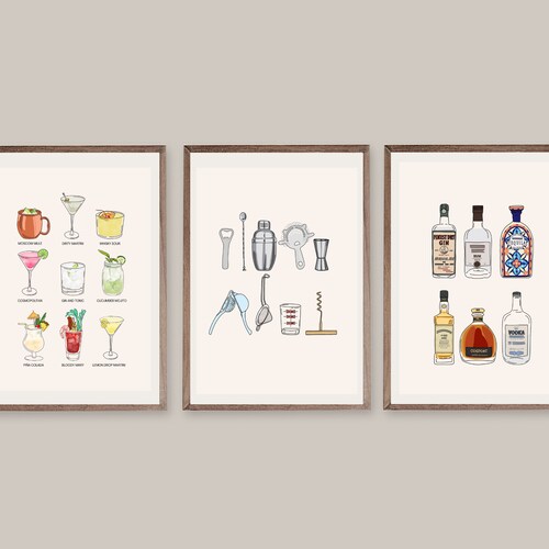 Colorful Minimalistic Bar Cart Art Set of 3 Prints Etsy