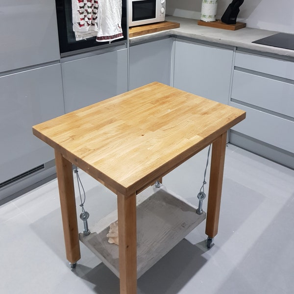 Portable oak and concrete kitchen Island. Unique industrial design on quality castor wheels. Finished with Osmo hard wax oil for durability.