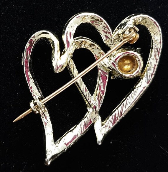 Vintage Double Heart Cherry Red Rhinestone Gold T… - image 2