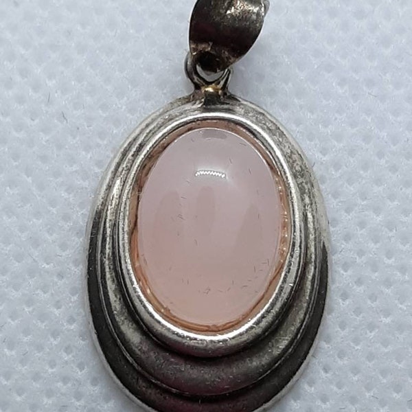 Sterling Silver 925 Pink Rose Quartz oval Pendant Stunning Cabochon Color Think Spring  1.25" x .75"