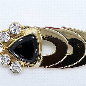 Vintage AUSTRIA Signed Designer Art Deco Gold tone East to West Black Enamel Clear Crystal Rhinestone Brooch Pin 3&quot; x 1 3/4&quot;
