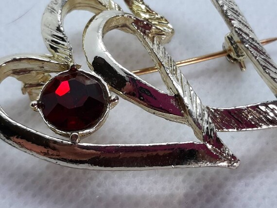 Vintage Double Heart Cherry Red Rhinestone Gold T… - image 3