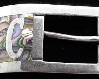 Vintage Rancho Alegre AA Taxco Mexico signed 925 sterling silver abalone shell C Initial belt buckle
