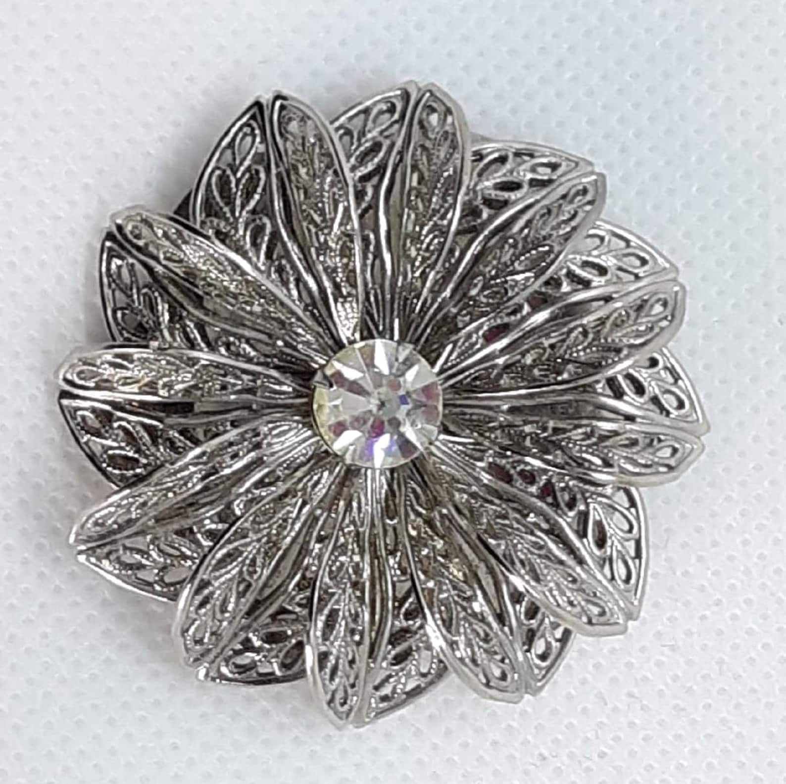 Vintage Lieba USA Silver Tone Filigree Rhinestone Flower Scarf - Etsy