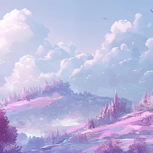 May include: A fantasy landscape with pink trees, hills, and a castle in the distance. The sky is filled with fluffy white clouds.