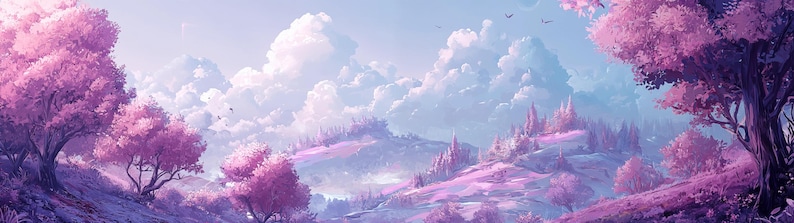 May include: A fantasy landscape with pink trees, hills, and a castle in the distance. The sky is filled with fluffy white clouds.