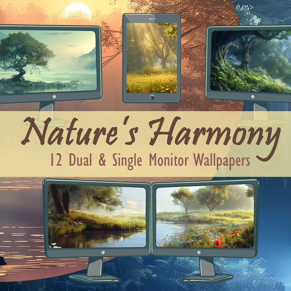 Nature's Harmony 12 AI-Generated Wallpapers Dual Monitor Single Monitor Tablet Set