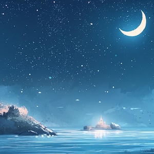 May include: A dark blue night sky with a crescent moon and stars over a still lake. A rocky island with a large tree on the left side of the image and a smaller island with a light on the right side of the image.