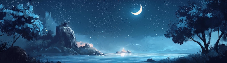 May include: A dark blue night sky with a crescent moon and stars over a still lake. A rocky island with a large tree on the left side of the image and a smaller island with a light on the right side of the image.