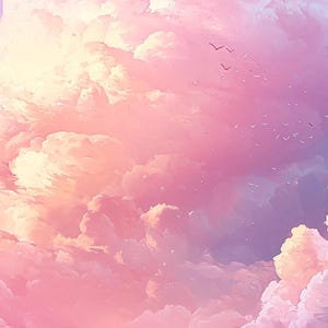 May include: A vibrant sky filled with fluffy, pastel-colored clouds. The clouds are a mix of pink, purple, and blue, creating a dreamy and ethereal atmosphere.