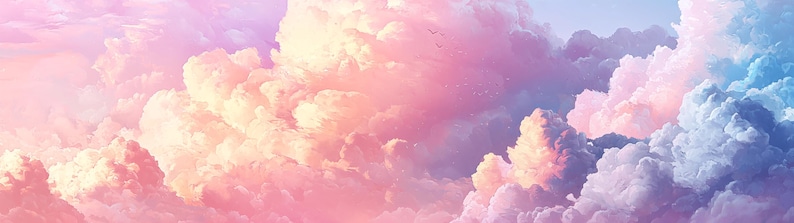May include: A vibrant sky filled with fluffy, pastel-colored clouds. The clouds are a mix of pink, purple, and blue, creating a dreamy and ethereal atmosphere.