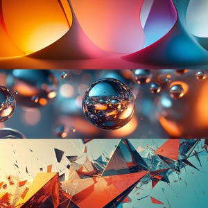 Peut inclure: Art numérique abstrait composé de trois scènes différentes. La première scène est un fond abstrait coloré avec des teintes orange, rose et bleu. La deuxième scène présente un gros plan d'une sphère métallique avec une surface réfléchissante. La troisième scène est un arrangement chaotique de formes géométriques dans des tons orange, bleu et vert.