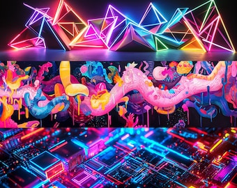 Neon Abstract Vibes - Dual Monitor Wallpapers - 12 High-Resolution Digital Artwork