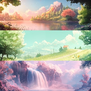 May include: A digital painting depicting three distinct landscapes. The top landscape features a lake with mountains in the background. The middle landscape shows a green hill with a small house and a winding road. The bottom landscape is a waterfall with pink and purple clouds in the background.