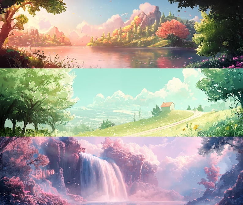 May include: A digital painting of three different landscapes. The top landscape is a lake with mountains in the background. The middle landscape is a green hill with a small house and a winding road. The bottom landscape is a waterfall with pink and purple clouds in the background.