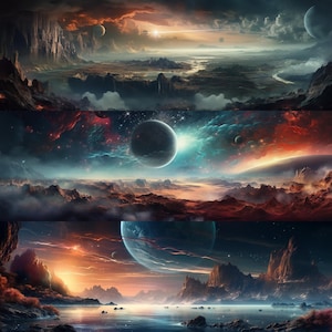 以下が含まれることがあります： 空に雲と星が浮かび、遠くには惑星がいくつか見える、幻想的な風景のデジタルアート。手前に大きな水域が広がっている。風景は岩が多く、山がちで、さまざまな色と質感がある。