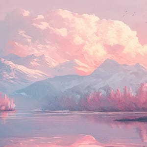 May include: A digital painting of a pink and blue landscape with a lake, mountains, and trees. The sky is filled with fluffy clouds and the sun is setting.