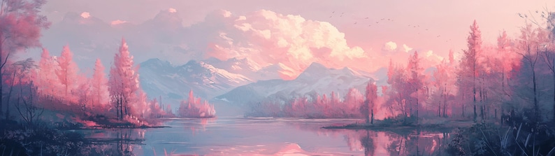 May include: A digital painting of a pink and blue landscape with a lake, mountains, and trees. The sky is filled with fluffy clouds and the sun is setting.