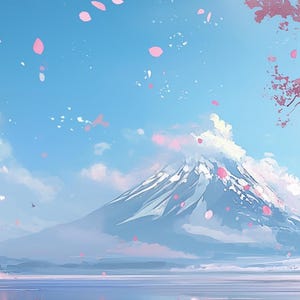 May include: A digital painting of a snow-capped mountain with a lake in the foreground. The mountain is surrounded by pink cherry blossom trees and pink petals are falling from the trees.