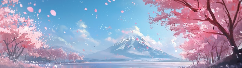 May include: A digital painting of a snow-capped mountain with a lake in the foreground. The mountain is surrounded by pink cherry blossom trees and pink petals are falling from the trees.