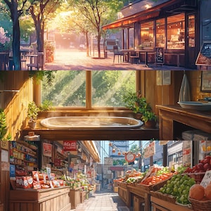 Könnte beinhalten: Eine zweistöckige Illustration, die einen geschäftigen Markt im Freien mit frischen Produkten, ein Café mit Sitzgelegenheiten im Freien und ein Badezimmer mit einer Badewanne zeigt. Der Markt bietet eine Auswahl an Obst und Gemüse, darunter Äpfel, Orangen und grüne Trauben. Das Café hat eine Holzmarkise und Tische mit Stühlen. Das Badezimmer hat ein Holzfenster mit Blick auf einen üppigen grünen Wald.