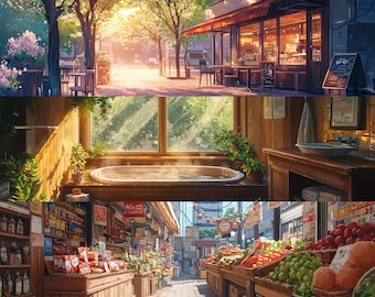 Cozy Anime Town Dual Monitor Wallpaper – 12 High-Resolution Digital Art