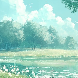 May include: A picturesque landscape with a lush green forest, a tranquil river, and a bright blue sky with fluffy white clouds.