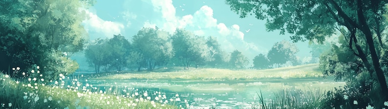 May include: A picturesque landscape with a lush green forest, a tranquil river, and a bright blue sky with fluffy white clouds.