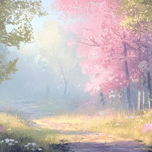May include: A path through a misty forest with pink flowering trees and green foliage. The path leads to a clearing in the distance.