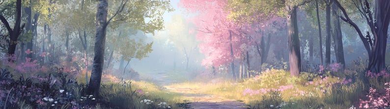 May include: A path through a misty forest with pink flowering trees and green foliage. The path leads to a clearing in the distance.