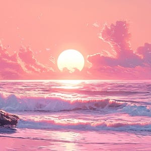 May include: A pink and purple sunset over a calm ocean with waves crashing on the shore. The sun is setting in the distance, casting a warm glow over the water.