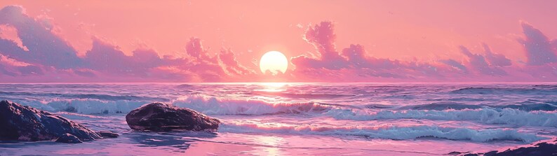 May include: A pink and purple sunset over a calm ocean with waves crashing on the shore. The sun is setting in the distance, casting a warm glow over the water.