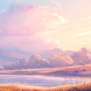 May include: A scenic landscape with a pink tree in the foreground, a lake, and a field of tall grass. The sky is a soft pink and blue with fluffy clouds. The sun is shining brightly in the distance.