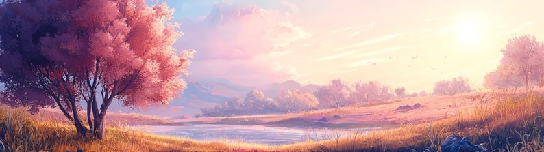 May include: A scenic landscape with a pink tree in the foreground, a lake, and a field of tall grass. The sky is a soft pink and blue with fluffy clouds. The sun is shining brightly in the distance.