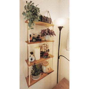 Stained & Oiled Golden Oak or Cherry Wooden Hanging Rope Shelf