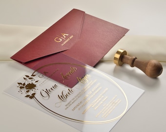Acrylic Wedding Invitation with Envelope, Elegant Burgundy Wedding Invitations, Unique Invites, Real Foil, Acrylic Invite, Invitation Card