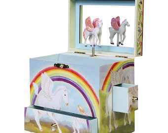 Pegasus Music Box with Twirling Figurine - Unicorn Theme Melody, Mythical Creature Jewelry Box Gift for Kids, Velvet Lined
