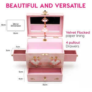 Enchantmints Ballerina Jewelry Box for Girls, Kids Treasure Storage Box with 4 Drawers, nursery decor, kids music box, Ideal Birthday gift
