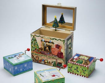 Enchantmints Christmas Bundle – Large Musical Jewelry Box + 4 Mini Hand-Crank Music Boxes | Holiday Gift Set for Girls | Stocking Stuffers