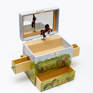 Enchantmints Horse Ranch Musical Jewelry Box for Kids-Children&#39;s Treasure Chest with 4 Pull out Drawers to Store Jewelry Items & Accessories