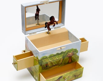 Enchantmints Horse Ranch Musical Jewelry Box for Kids-Children's Treasure Chest with 4 Pull out Drawers to Store Jewelry Items & Accessories