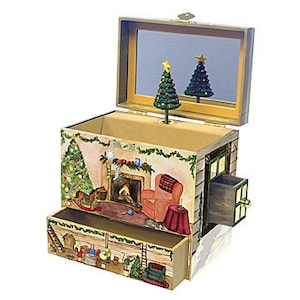 May include: A wooden music box with a Christmas scene painted on the front. The box has a drawer and a hinged lid with a mirror inside. The scene depicts a cozy cabin with a fireplace, a Christmas tree, and a rocking horse.
