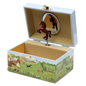 Enchantmints Country Horse Small Musical jewelry Box for Girls, Kids Treasure Box for Coins & Bands, Engraved Wooden Keepsake Box