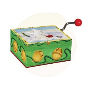 May include: A green wooden music box with a white polar bear holding a red and white candy cane. The music box has a winding key and is decorated with gold bells and green vines.