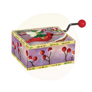 May include: A wooden music box with a hand-painted design of a cardinal and a fairy. The box has a purple background with red berries and green leaves. The music box has a crank on the side.